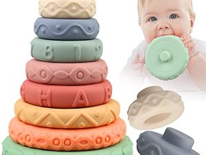 Miawow 8 Pcs Stacking Rings Soft Toys for Babies Newborn 0 3 4 5 6 12 18 Months 1 Year Old Girls Boys - Toddler Sensory Educational Montessori Baby Blocks - Infant Development Teething Learning Tower