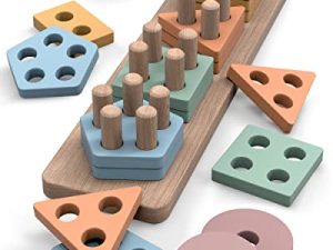 GOPO TOYS Montessori Toys for 18+ Months Old - Toddlers Wooden Sorting and Stacking Toys for Baby Boys and Girls - Shape Sorter and Color Stacker Preschool Kids Wood Gifts