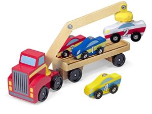 Melissa & Doug Magnetic Car Loader Wooden Toy Set With 4 Cars and 1 Semi-Trailer Truck - Crane Wooden Toy