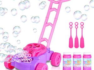 ArtCreativity Pink and Purple Bubble Lawn Mower for Toddlers | Electronic Bubble Blower Machine | Fun Bubbles Blowing Push Toys for Kids | Bubble Solution Included | Christmas Birthday Gift for Girls