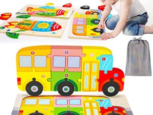 Wooden Toddler Puzzles for Kids Ages 2-4 Montessori Toys for 2 3 4 Year Old Boys Girls Toddler Educational Developmental Toys Gifts Numbers Colors Shapes Early Learning Vehicle Puzzle Toys(3 Packs)