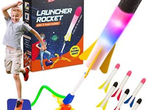 Light Up Toy Rocket Launcher for Kids | Shoots Up to 100 Feet in The Air | 6 Colorful Flashing Foam Rockets and Sturdy Launcher Stand