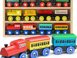 Wooden Train Set 12 PCS - Train Toys Magnetic Set Includes 3 Engines - Toy Train Sets For Kids Toddler Boys And Girls - Compatible With All Major Brands - Original - By Play22