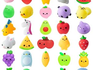 MALLMALL6 30Pcs Mochi Squeeze Toys for Kids Party Decorations Favors Stress Relief Birthday Gift Treat Goodie Bags Random Fruit and Animals Shape Kawaii Mini Toys Classroom Prize for Boys Girls
