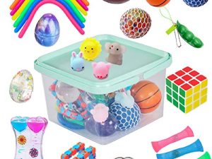 KINGYAO 24 Pack Bundle Sensory Fidget Toys Set-Liquid Motion Timer/Grape Ball/Mochi Squishy/Stretchy String/Flippy Chain/Easter Egg/Marble Mesh/Squeeze Bean/Cube for Autistic Kids ADHD Anti-stress Toy