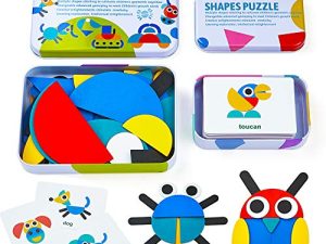 LIKEE Wooden Pattern Blocks Jigsaw Puzzle Montessori Toys Sorting and Stacking Games for Toddlers Kids Boys Girls Age 3+ Years Old (36 Shape Pieces& 60 Design Cards)