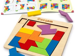 Coogam Wooden Puzzle Blocks Geometric Tangram Brain Teasers Jigsaw 3D Logic IQ Game Colorful Shape Pattern Montessori STEM Educational Toys Gift 60 Challenges for All Ages