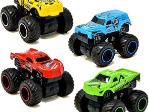 Monster Trucks for Boys Inertia Powered 4 Wheels Diecast Mini Vehicle Set Push and Go Small Toy Cars 4 Pack for Toddlers and Kids for Age 3 4 5 6 7 Years