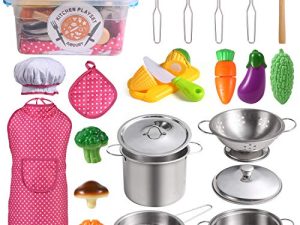Juboury Kitchen Pretend Play Toys with Stainless Steel Cookware Pots and Pans Set
