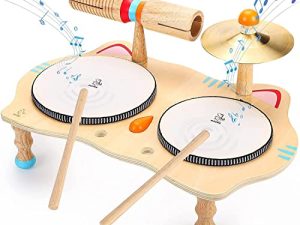OATHX Kids Drum Set All in One Montessori Musical Instruments Set Toddler Toys Natural Wooden Music Kit Baby Sensory Toys Months Birthday Gifts for Girls Boys
