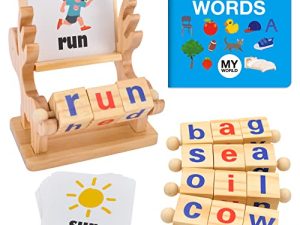 Montessori Toys for 3 4 5 Years Old Wooden Reading Blocks CVC Sight Words Game for Toddlers Letter Flash Cards for Kindergarten Kids Learning Educational Alphabet Phonics for Preschool Girls Boys