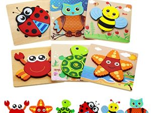 Montessori Toys for 1 2 3 Year Old Boys Girls Wooden Toddler Puzzles Kids Infant Baby Educational Learning Toys for Toddlers 1-3 Gifts 6 Animal Shape Jigsaw Eco Friendly Travel STEM Building Toy Games