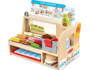 Melissa & Doug Wooden Slice & Stack Sandwich Counter with Deli Slicer – 56-Piece Pretend Play Food Pieces - Wooden Food Toys