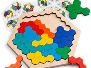 Coogam Wooden Hexagon Puzzle for Kid Adults - Shape Pattern Block Tangram Brain Teaser Toy Geometry Logic IQ Game STEM Montessori Educational Gift for All Ages Challenge