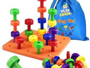 Play Brainy Peg Toy Set – Exciting Montessori Style Learning Toy – Colorful Stacking Peg Board Toy for Toddlers & Preschoolers – Perfect for Color Recognition & Matching (30 Pegs)