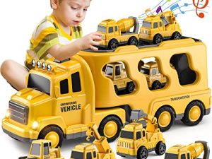 TEMI Construction Toddler Truck Toys for 3 4 5 6 Year Old Boys - 5-in-1 Friction Power Vehicle Car Toy for Toddlers 1-3