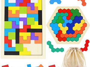 2 Pack Wooden Russian Blocks Puzzle + Hexagon Puzzles for Kids & Adults