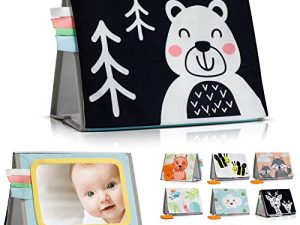Beautiful Tummy Time Book with Large Baby Safe Mirror - Fun High Contrast Montessori Toy w/ Mirror