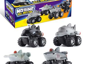 DINOBROS Shark Toys Pull Back Cars for Boys and Toddlers 4 Pack Ocean Sea Animal Truck Toy Dolphin Hammerhead Shark Killer Whale Playset Gift for 3 Years Old and Up