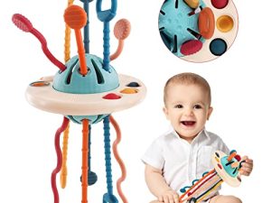 JKHEPL Pull String Airplane Travel Toys for Toddlers 1-3 - Montessori Toys for Babies 6-12 Months UFO Silicone Pull String Activity Toy Sensory Development Mobi Zipee Baby Toys Fine Motor Skills Toys