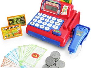 Boley Toy Cash Register with Scanner - Red and Blue Toddler Cash Register Toy for Kids with Calculator and Toy Credit Card Reader