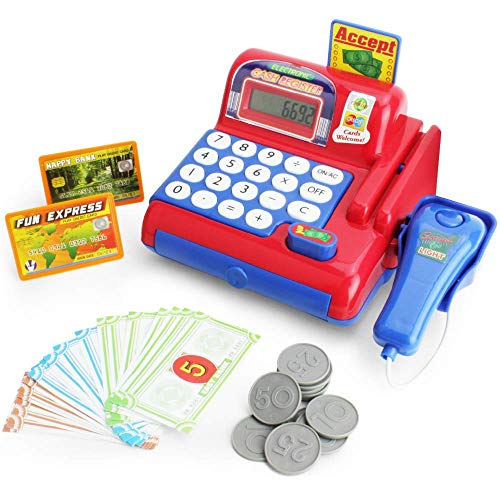 Boley Toy Cash Register with Scanner - Red and Blue Toddler Cash Register Toy for Kids with Calculator and Toy Credit Card Reader Boley Toy Cash Register with Scanner - Red and Blue Toddler Cash Register Toy for Kids with Calculator and Toy Credit Card Reader