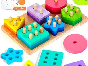 HELLOWOOD Montessori Wooden Sorting & Stacking Toys for 1 2 3 Years Old Toddlers
