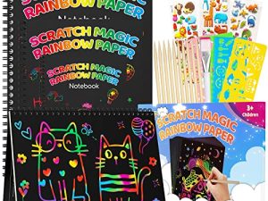 UCIDCI Scratch Paper Art - 3 Pack Magic Art Notebooks Set with Stencils & Stickers