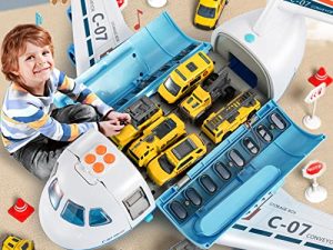 TEMI Mist Spay Storage Transport Plane Cargo with 6 Free Wheel Diecast Construction Vehicles and Playmat