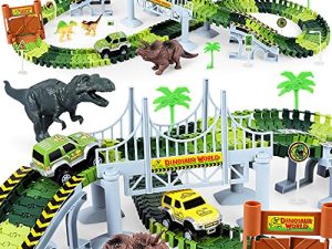 Dinosaur Toys-187 pcs Create A Dinosaur World Road Race Flexible Track Playset 4 Dinosaurs-2 Race Cars for 3 4 5 6 Years Up Old Boys Girls Best Gift