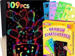 pigipigi Rainbow Scratch Paper Art - 109 Pcs Magic Scratch Off Craft Kit for Kids Color Drawing Note Pad Supply for Children Girls Boys DIY Party Favor Game Activity Birthday Christmas Toy Gift Set