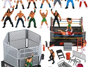 JDS Toy Store 32-Piece Mini Wrestling Playset with Action Figures and Accessories - Kids Toy with Realistic Wrestlers - 2 Rings Included