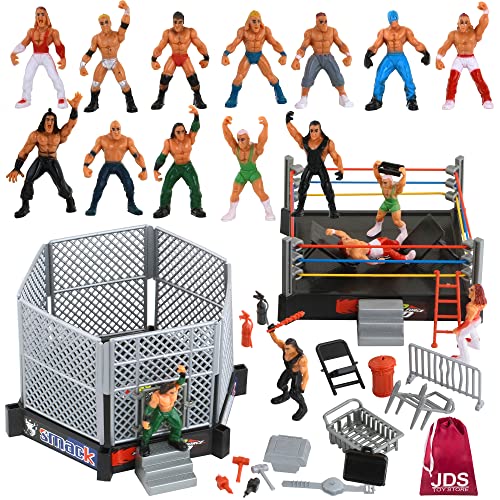JDS Toy Store 32-Piece Mini Wrestling Playset with Action Figures and Accessories - Kids Toy with Realistic Wrestlers - 2 Rings Included JDS Toy Store 32-Piece Mini Wrestling Playset with Action Figures and Accessories - Kids Toy with Realistic Wrestlers - 2 Rings Included
